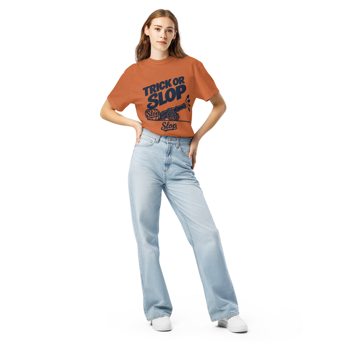 Trick or Slop Tee in Yam, worn by a model