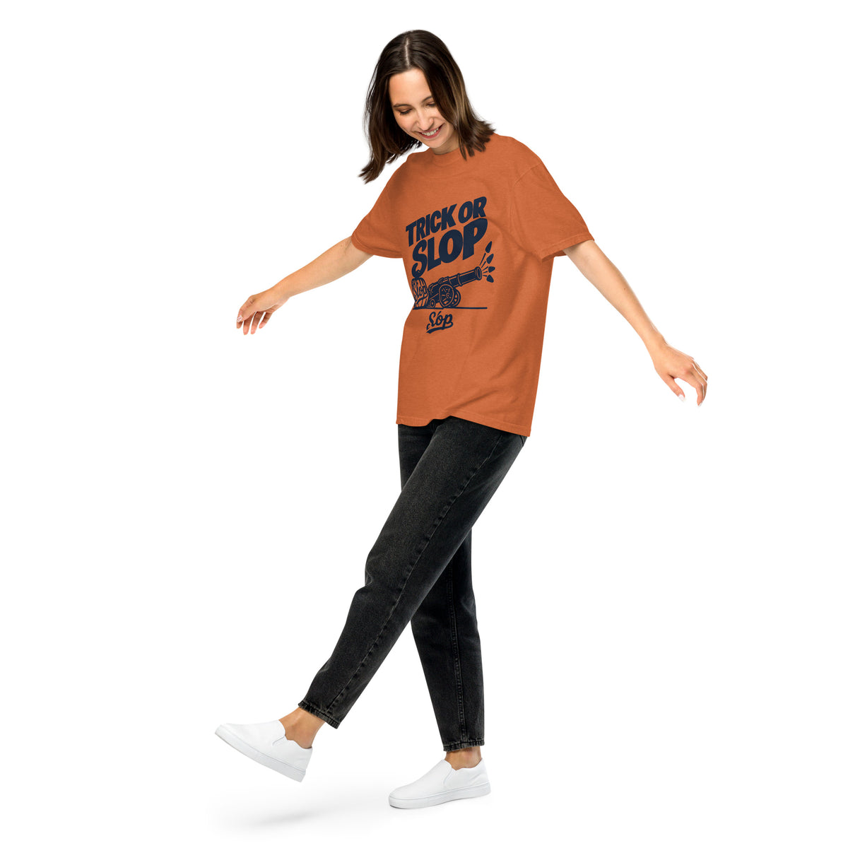 Trick or Slop Tee in Yam, worn by a model