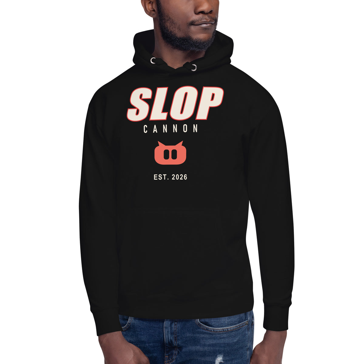 Slopcannon Snout Hoodie — Black — model standing