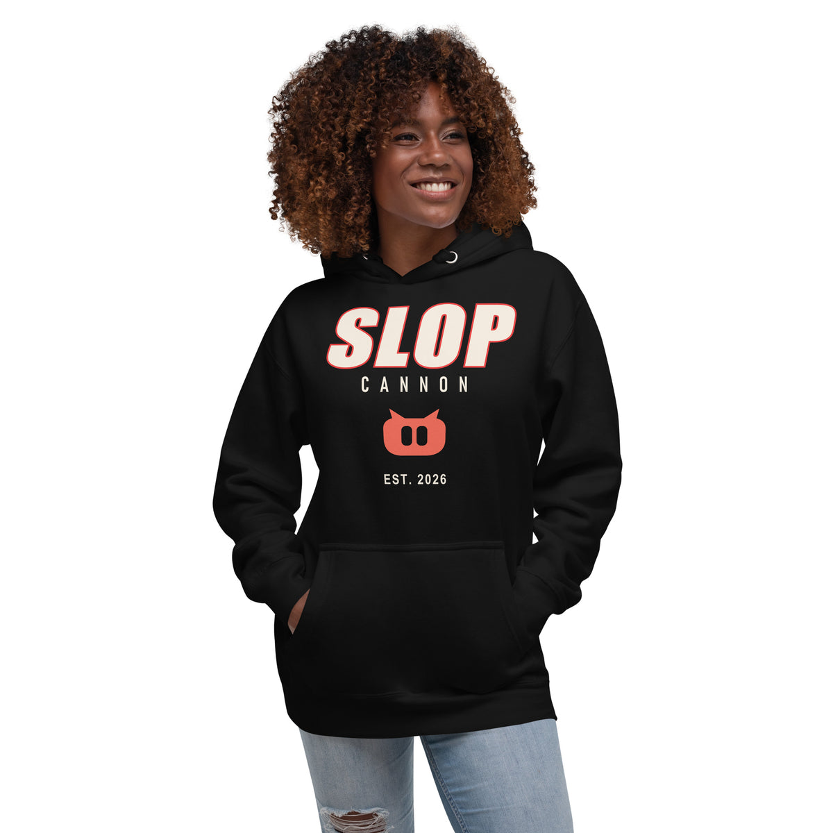 Slopcannon Snout Hoodie — Black — model hands in pocket