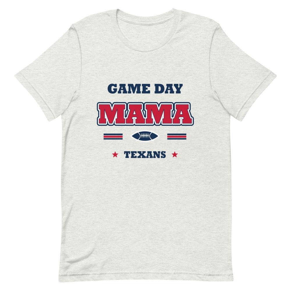 Texans Game Day Mama Tee — Ash — Printful supplier garment-only flat view; exact configured product and artwork; digital mockup.