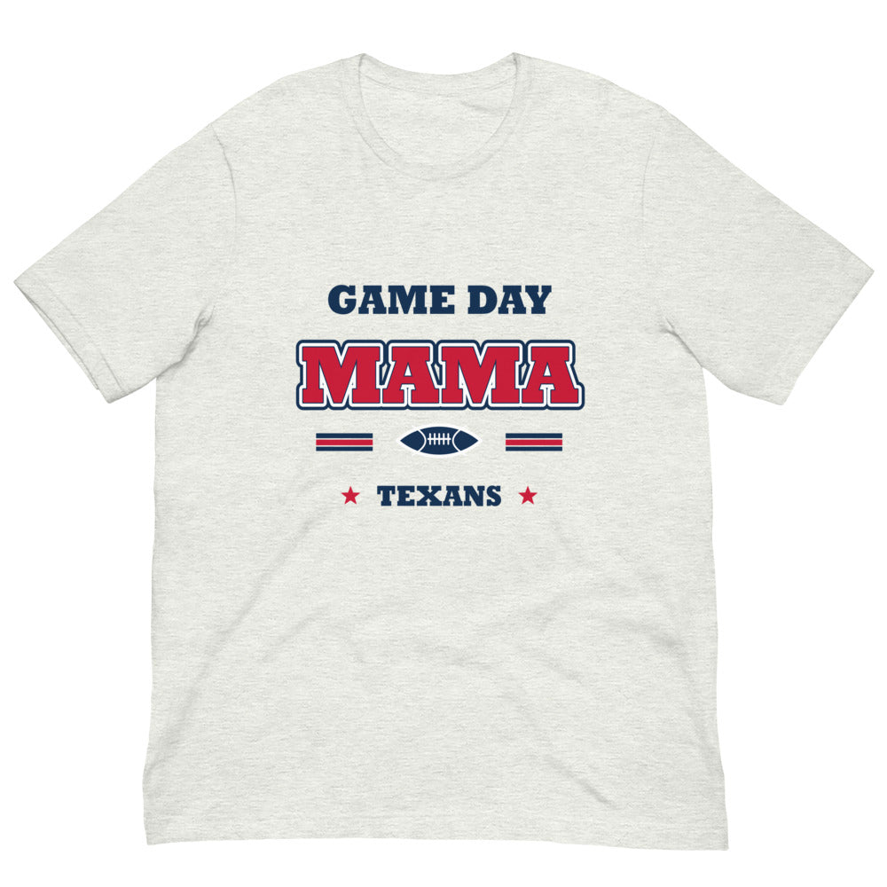 Texans Game Day Mama Tee — Ash — Printful supplier garment-only flat 2 view; exact configured product and artwork; digital mockup.