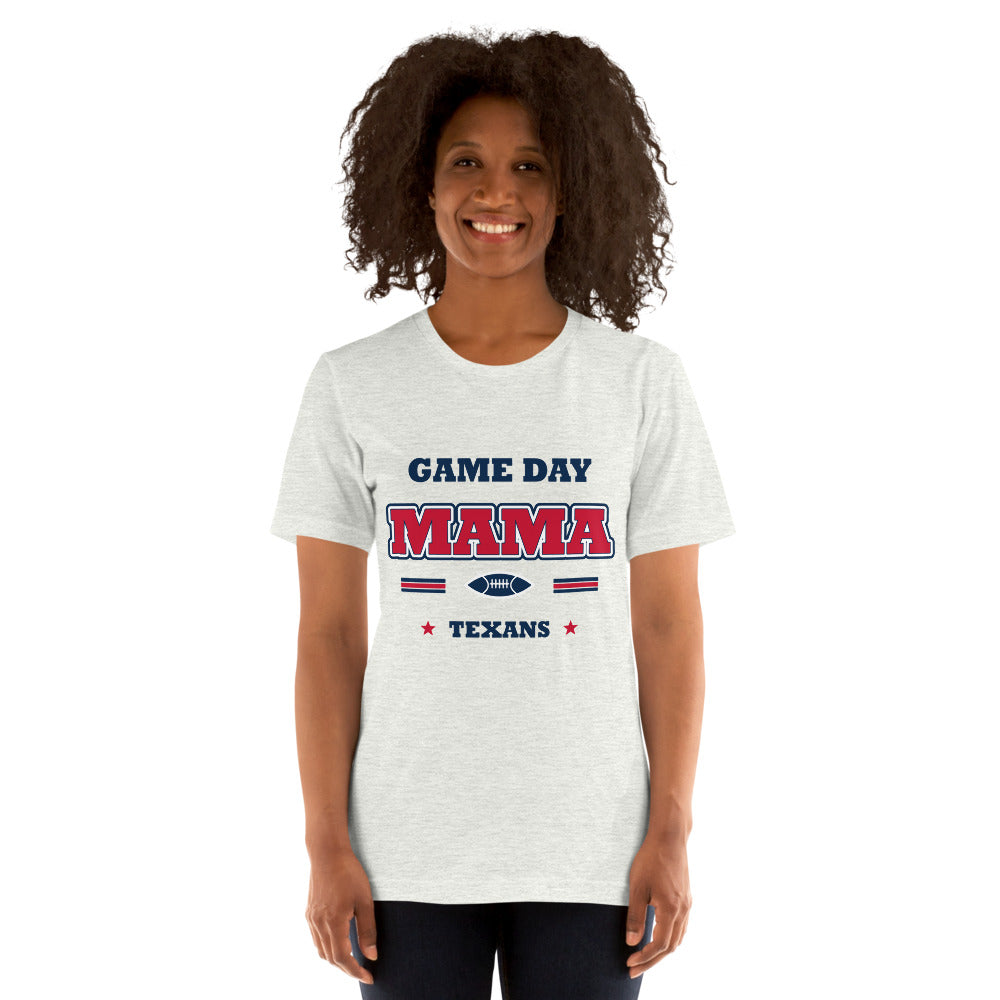 Texans Game Day Mama Tee — Ash — Printful supplier women/model women's 2 view; exact configured product and artwork; digital mockup.