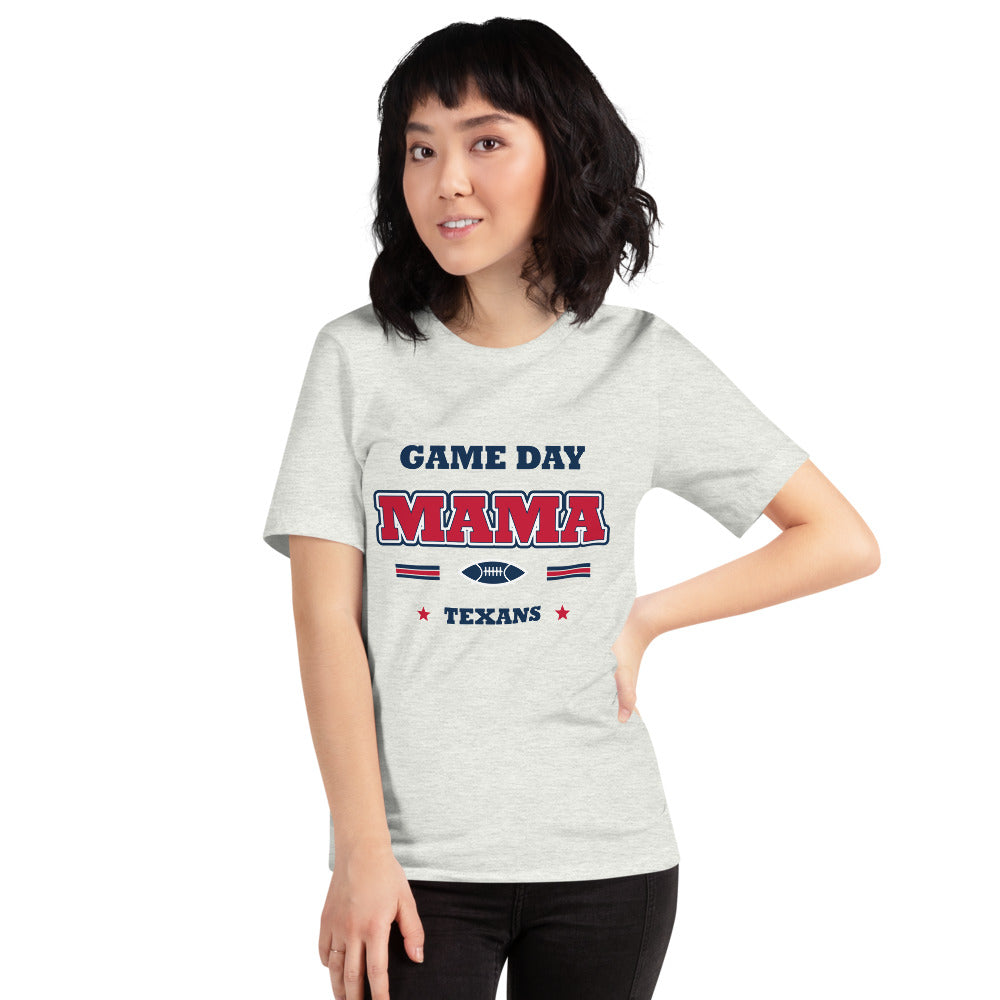 Texans Game Day Mama Tee — Ash — Printful supplier women/model women's 3 view; exact configured product and artwork; digital mockup.