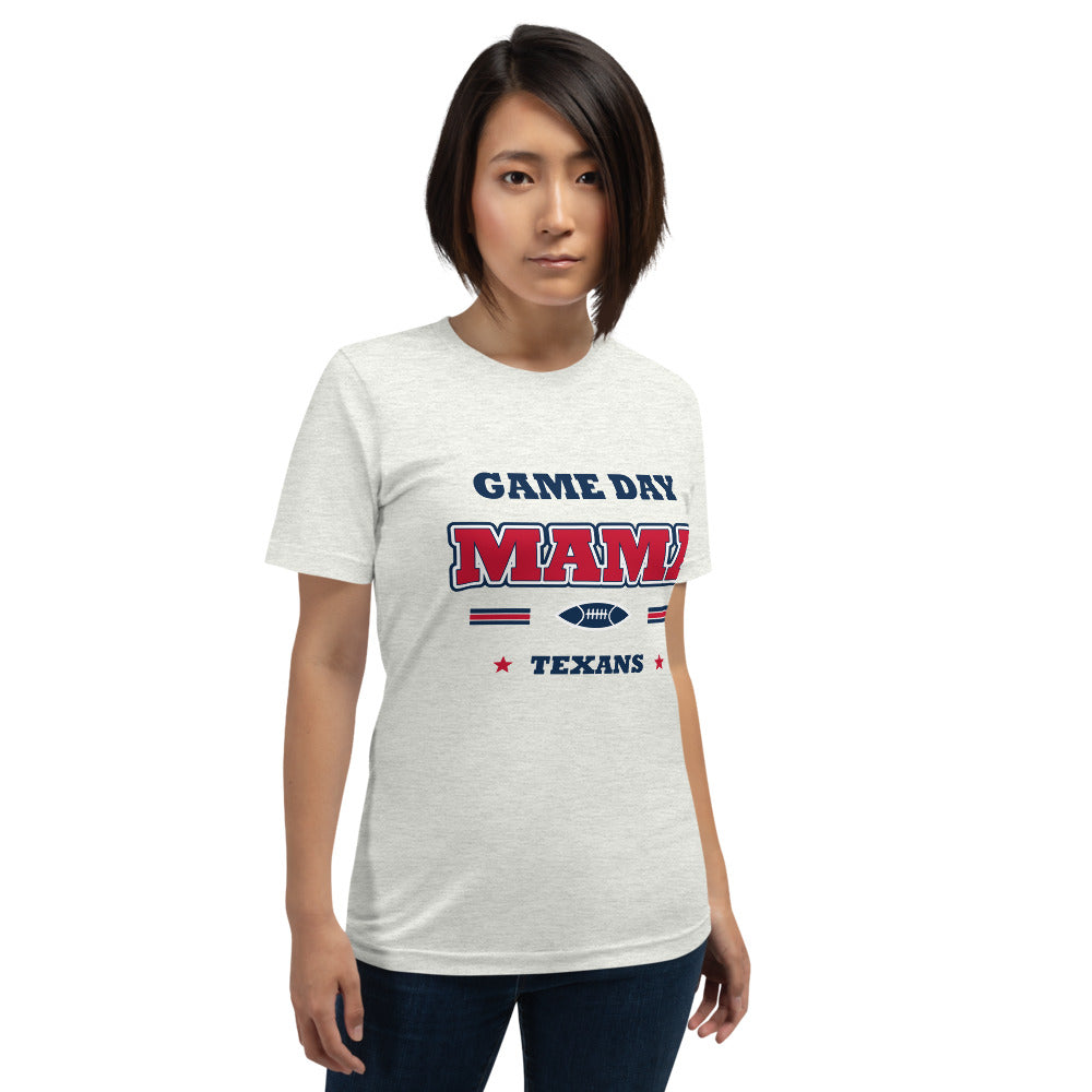 Texans Game Day Mama Tee — Ash — Printful supplier women/model women's 4 view; exact configured product and artwork; digital mockup.