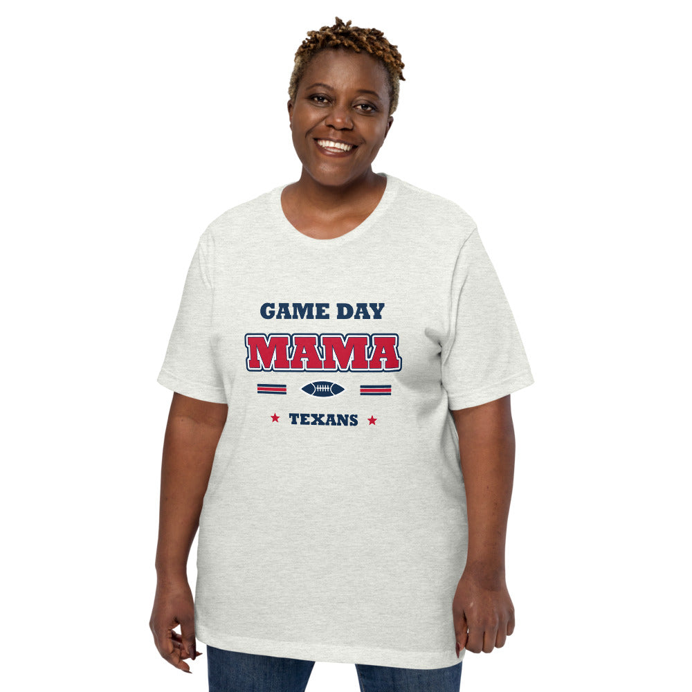 Texans Game Day Mama Tee — Ash — Printful supplier women/model women's 5 view; exact configured product and artwork; digital mockup.