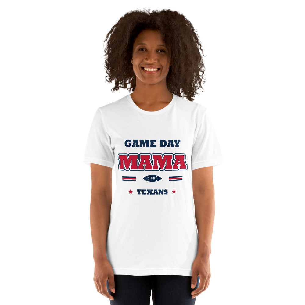 Texans Game Day Mama Tee — White — Printful supplier women/model women's 2 view; exact configured product and artwork; digital mockup.