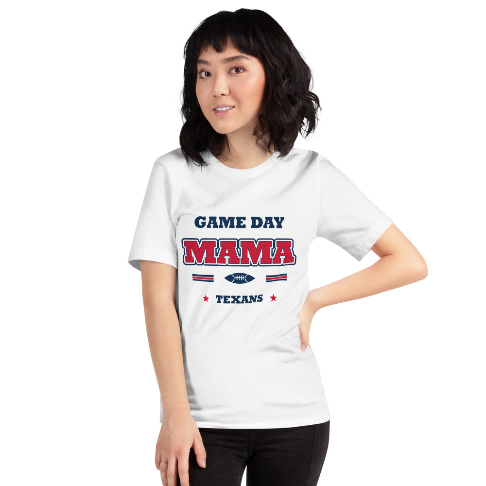 Texans Game Day Mama Tee — White — Printful supplier women/model women's 3 view; exact configured product and artwork; digital mockup.