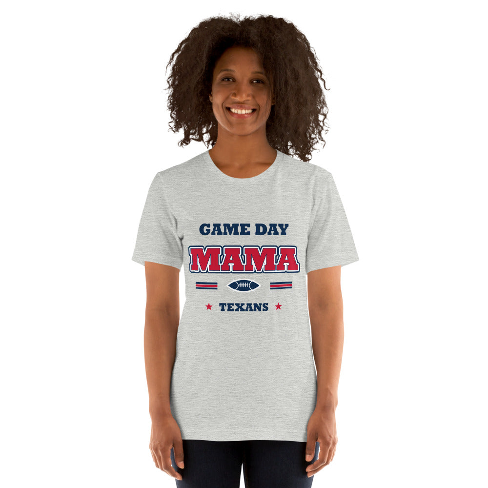 Texans Game Day Mama Tee — Athletic Heather — Printful supplier women/model women's 2 view; exact configured product and artwork; digital mockup.