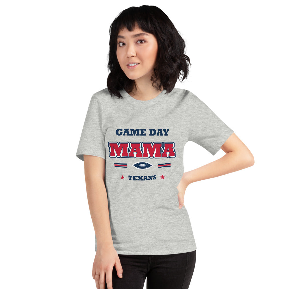 Texans Game Day Mama Tee — Athletic Heather — Printful supplier women/model women's 3 view; exact configured product and artwork; digital mockup.