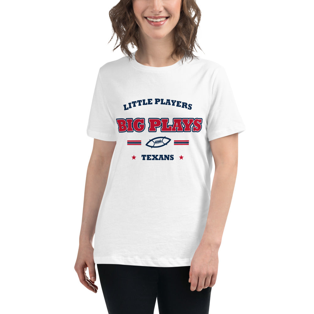 Texans Little Players Big Plays Tee — White — Printful supplier women/model women's view; exact configured product and artwork; digital mockup.