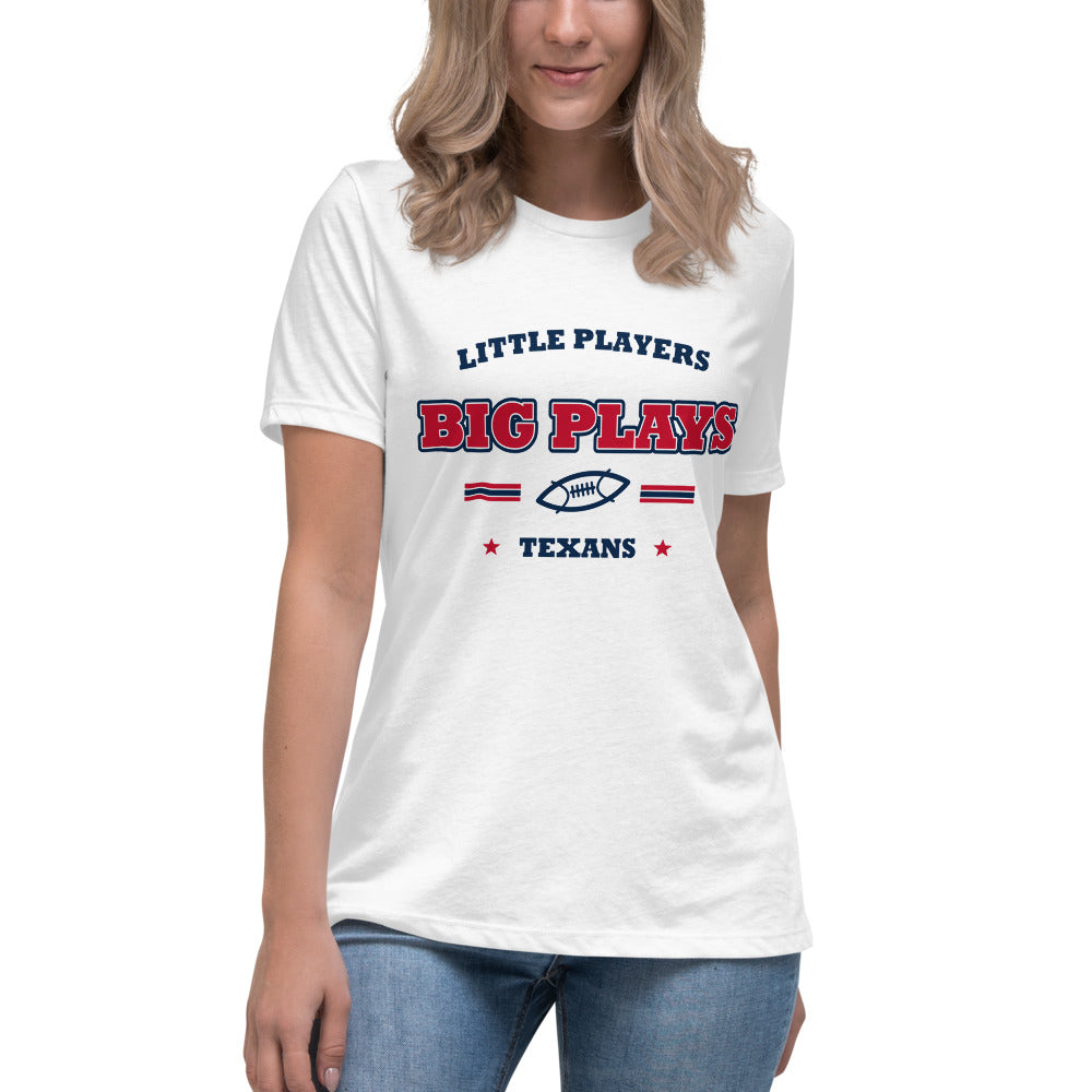 Texans Little Players Big Plays Tee — White — Printful supplier women/model women's 2 view; exact configured product and artwork; digital mockup.