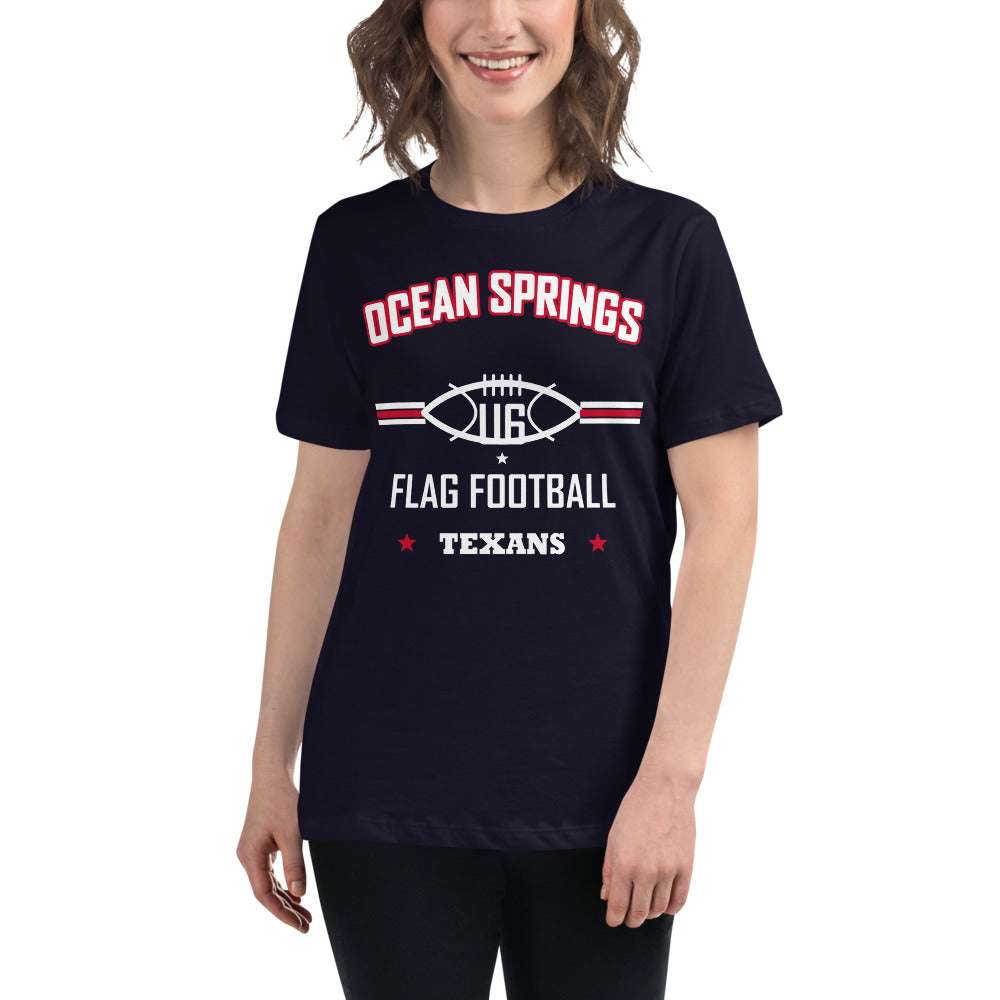 Ocean Springs Texans U6 Tee — Navy — Printful supplier women/model women's view; exact configured product and artwork; digital mockup.