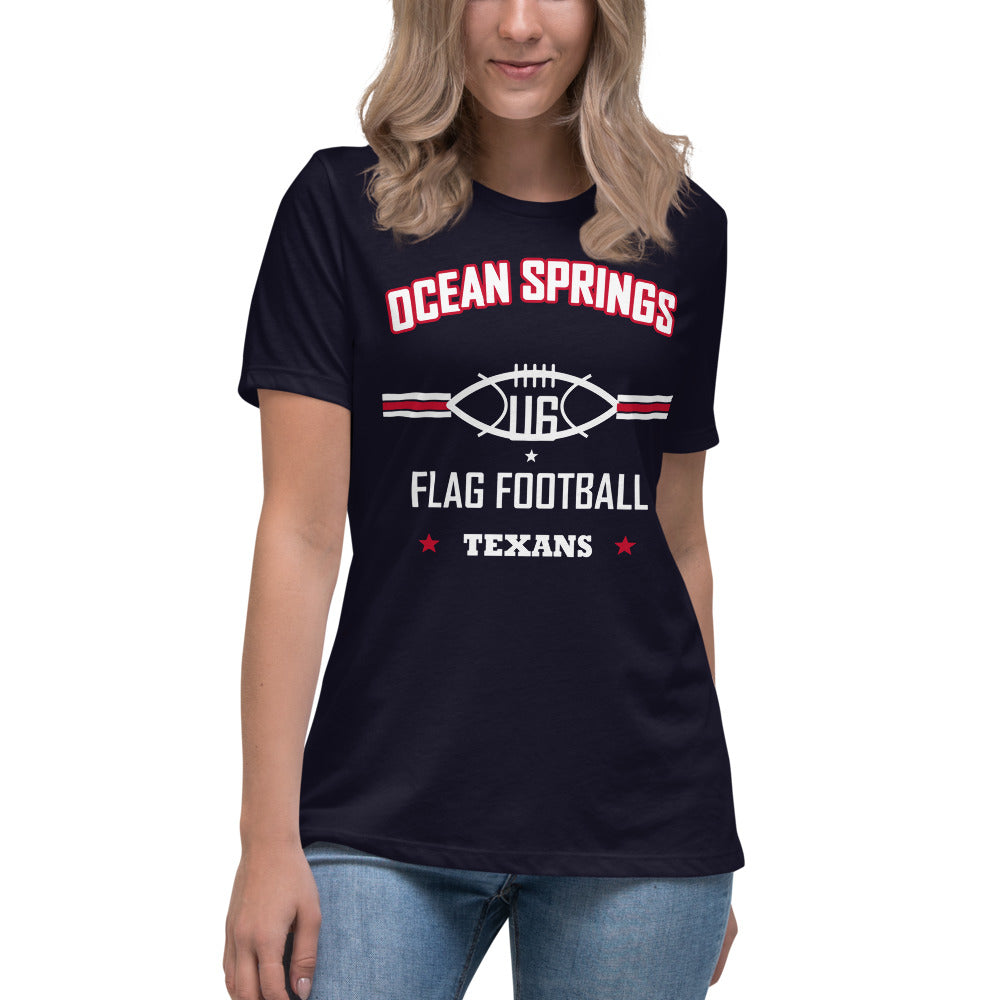 Ocean Springs Texans U6 Tee — Navy — Printful supplier women/model women's 2 view; exact configured product and artwork; digital mockup.