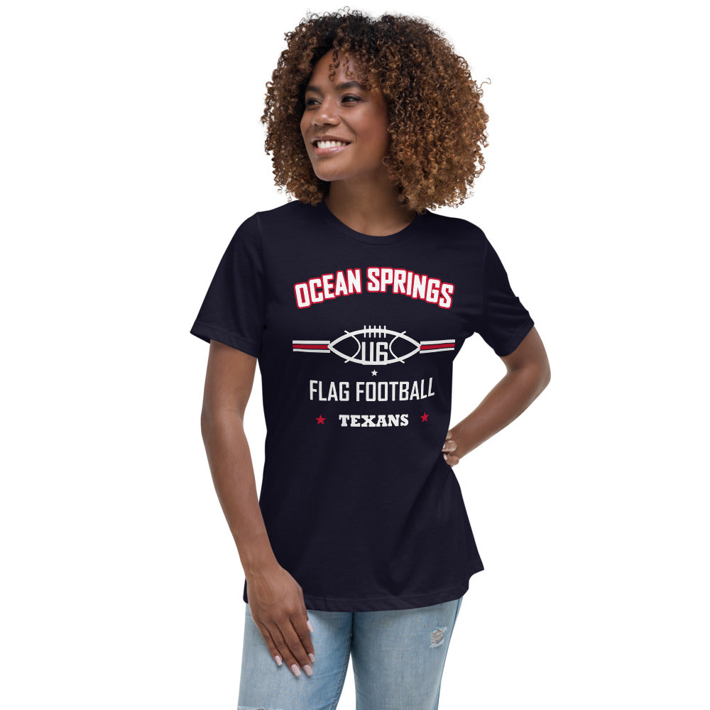 Ocean Springs Texans U6 Tee — Navy — Printful supplier women/model women's 3 view; exact configured product and artwork; digital mockup.