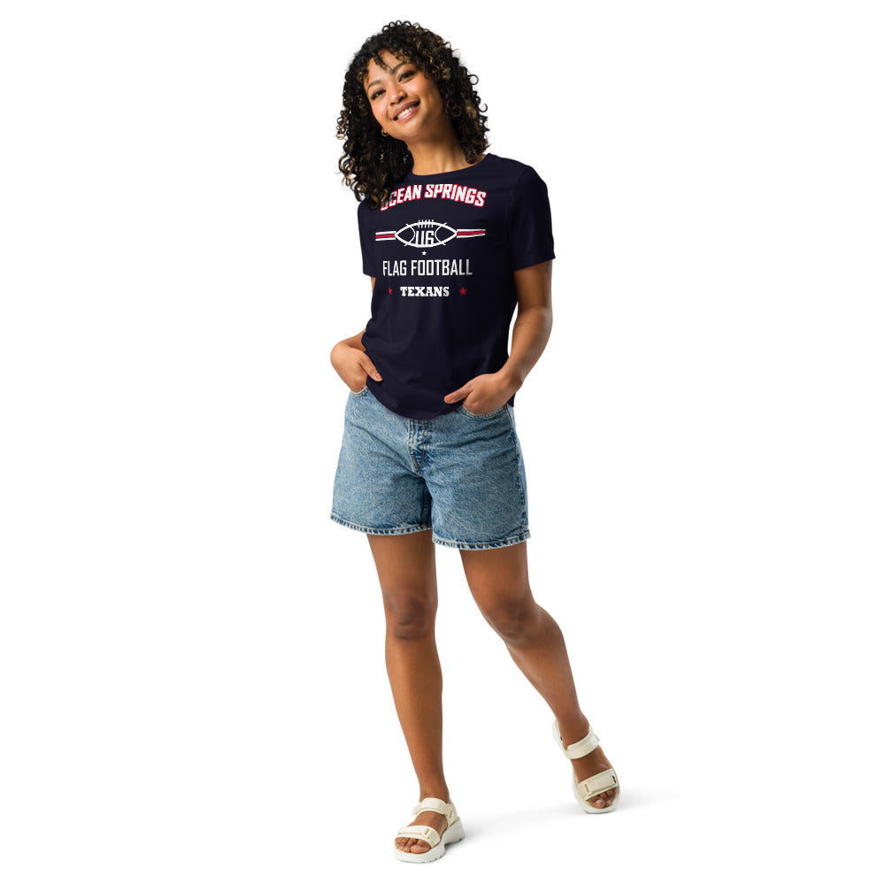 Ocean Springs Texans U6 Tee — Navy — Printful supplier women/model women's 4 view; exact configured product and artwork; digital mockup.