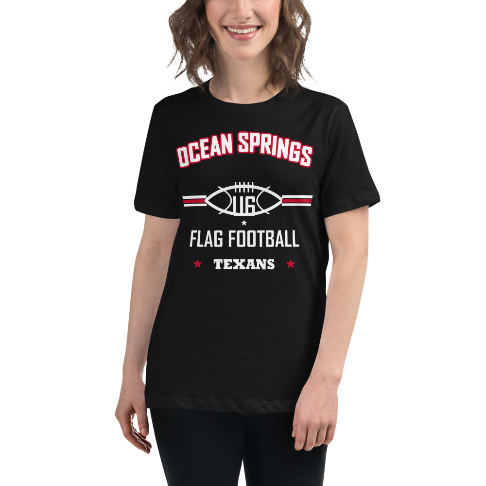 Ocean Springs Texans U6 Tee — Black — Printful supplier women/model women's view; exact configured product and artwork; digital mockup.