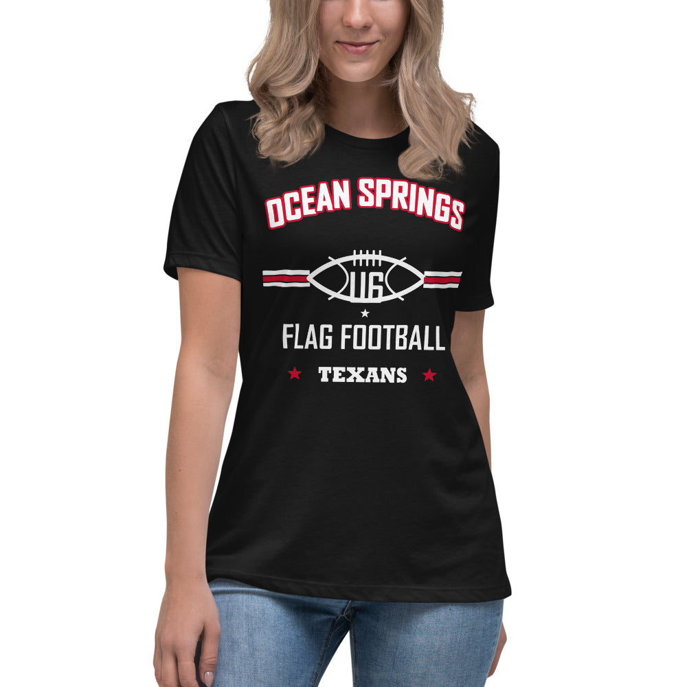Ocean Springs Texans U6 Tee — Black — Printful supplier women/model women's 2 view; exact configured product and artwork; digital mockup.