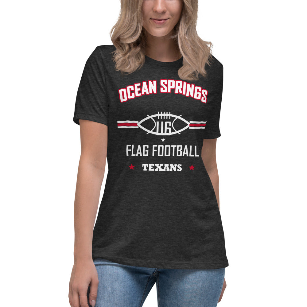 Ocean Springs Texans U6 Tee — Dark Grey Heather — Printful supplier women/model women's 2 view; exact configured product and artwork; digital mockup.