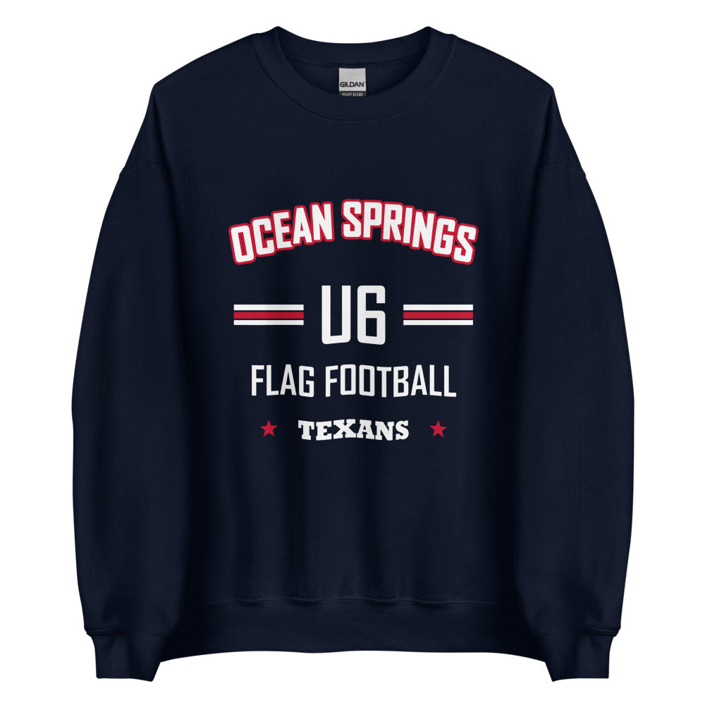 Ocean Springs Texans U6 Crewneck — Navy — Printful supplier garment-only flat 2 view; exact configured product and artwork; digital mockup.