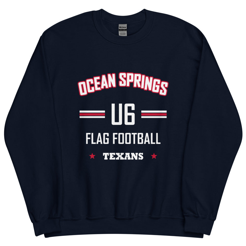 Ocean Springs Texans U6 Crewneck — Navy — Printful supplier garment-only flat 3 view; exact configured product and artwork; digital mockup.