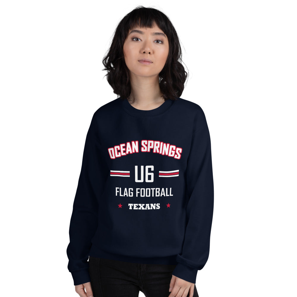 Ocean Springs Texans U6 Crewneck — Navy — Printful supplier women/model women's 2 view; exact configured product and artwork; digital mockup.