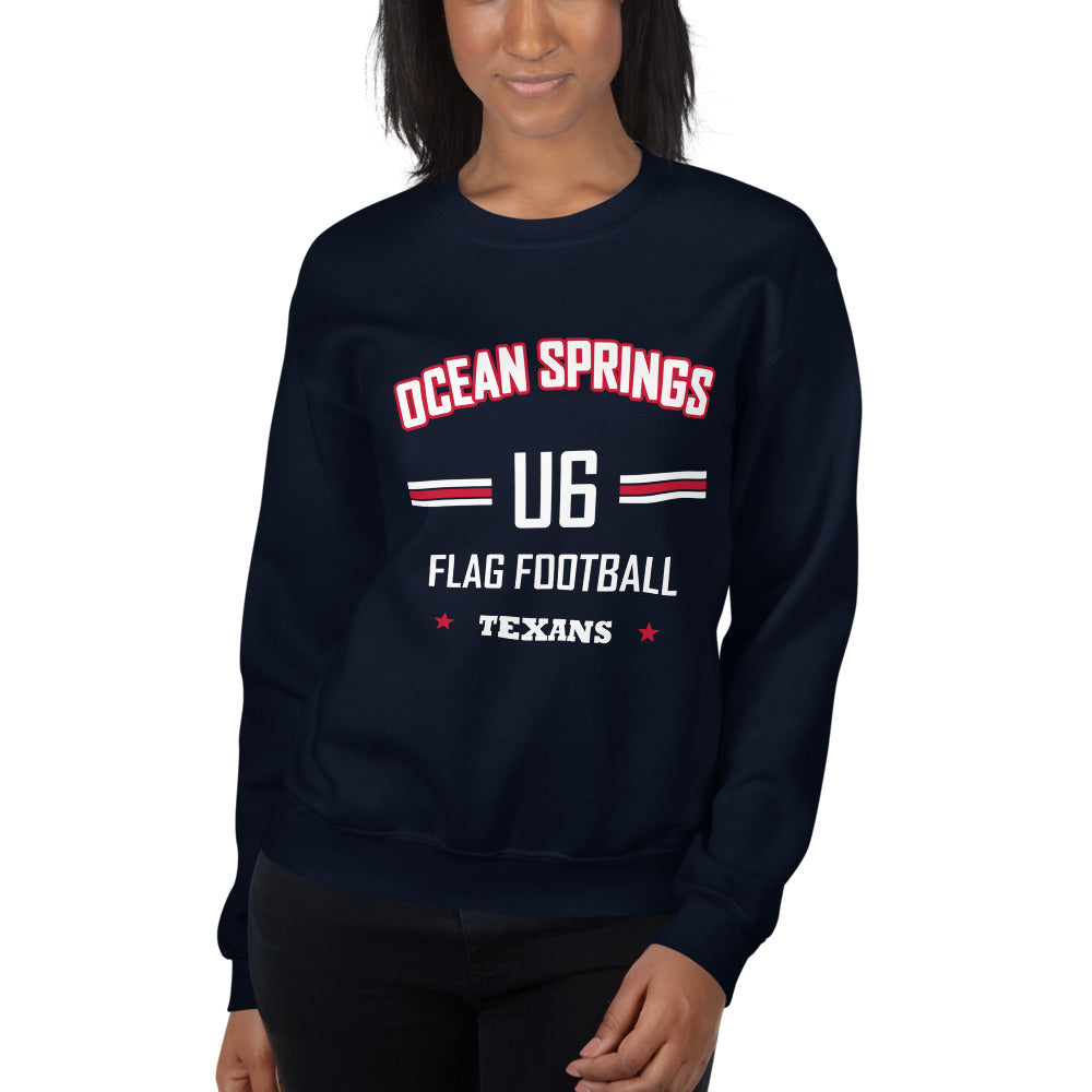 Ocean Springs Texans U6 Crewneck — Navy — Printful supplier women/model women's 3 view; exact configured product and artwork; digital mockup.