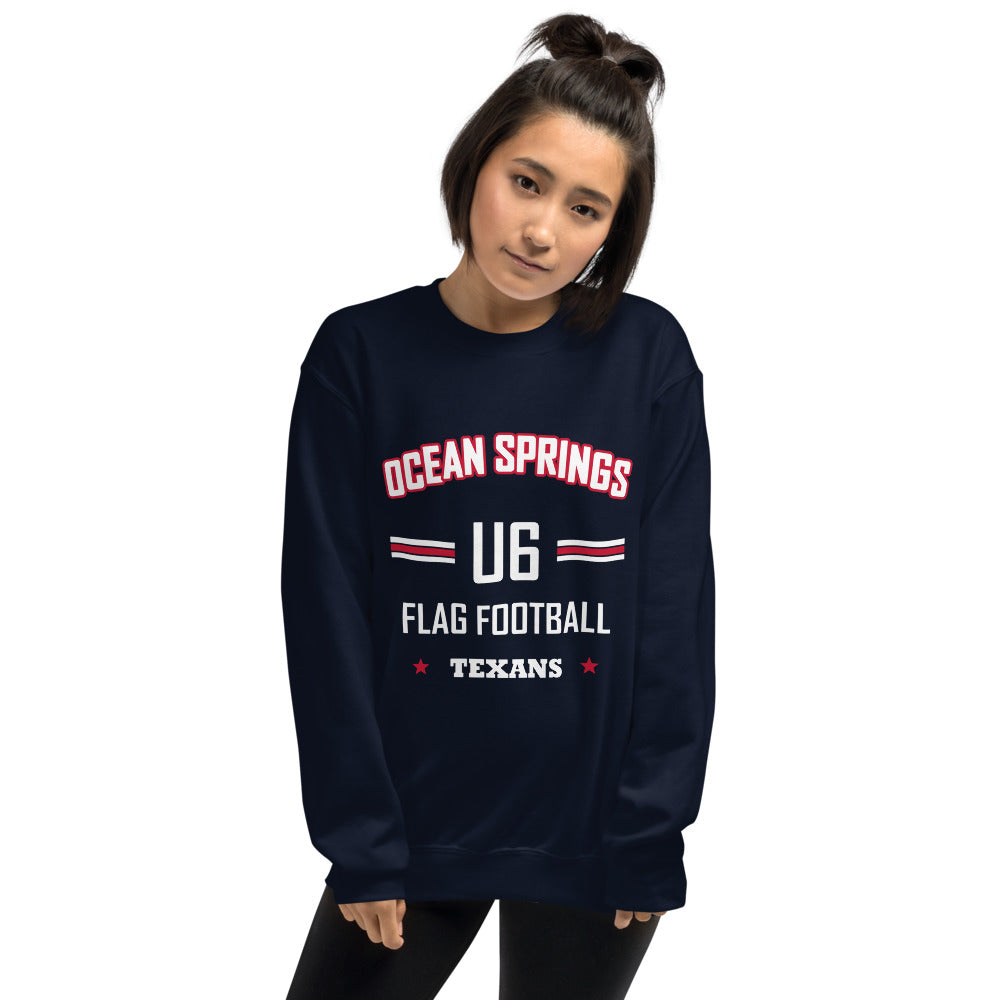 Ocean Springs Texans U6 Crewneck — Navy — Printful supplier women/model women's 4 view; exact configured product and artwork; digital mockup.