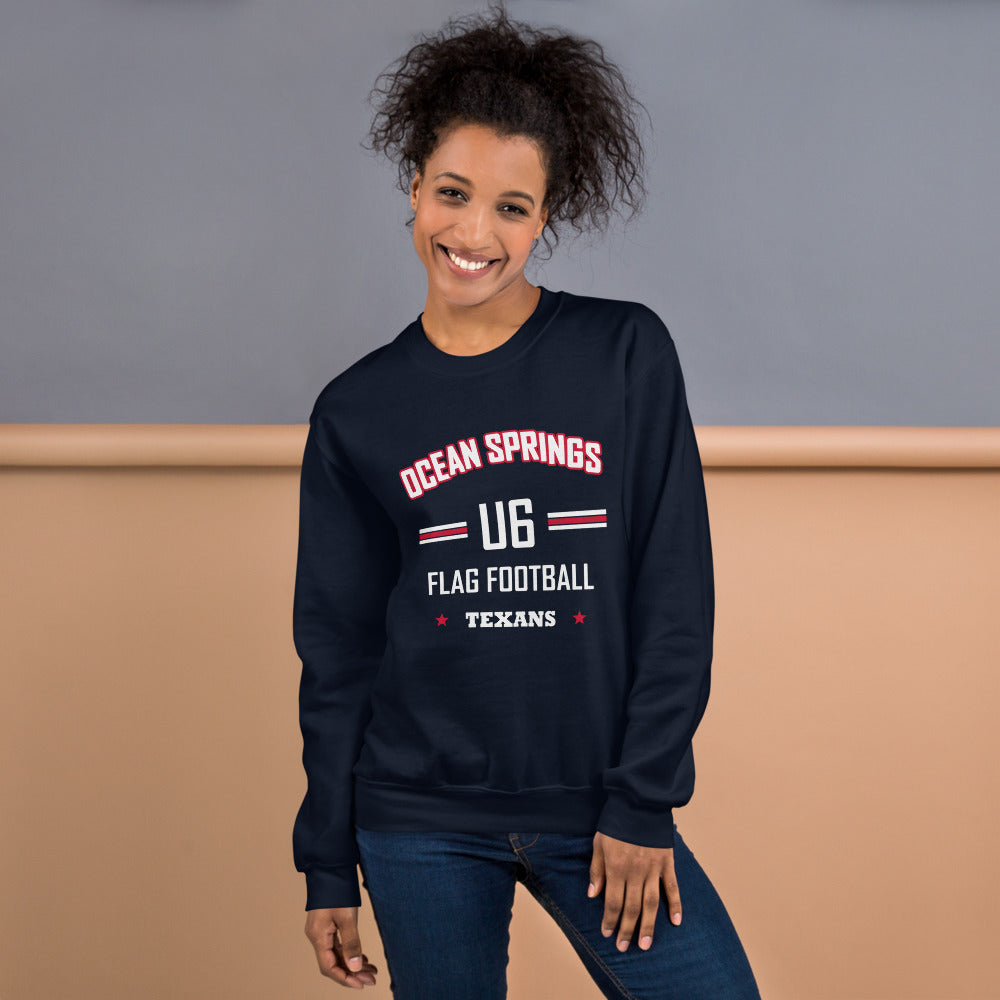 Ocean Springs Texans U6 Crewneck — Navy — Printful supplier women/model women's lifestyle view; exact configured product and artwork; digital mockup.