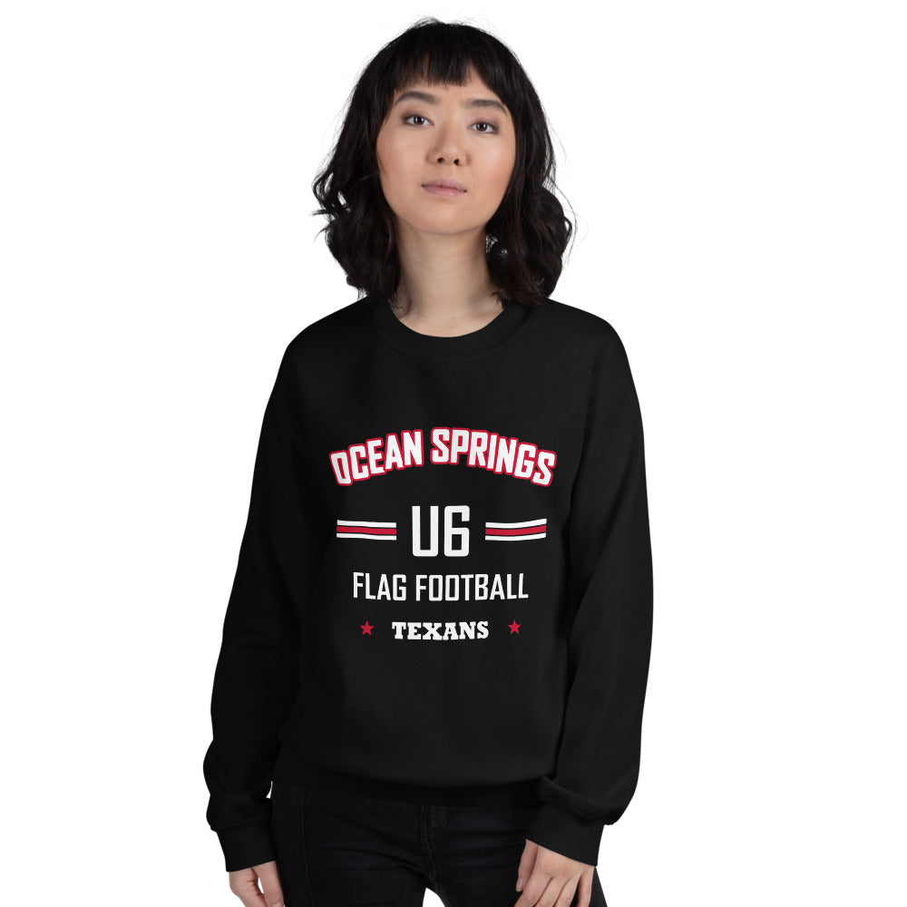 Ocean Springs Texans U6 Crewneck — Black — Printful supplier women/model women's 2 view; exact configured product and artwork; digital mockup.