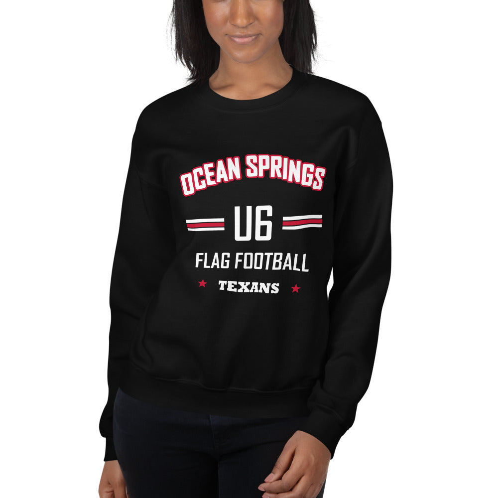 Ocean Springs Texans U6 Crewneck — Black — Printful supplier women/model women's 3 view; exact configured product and artwork; digital mockup.