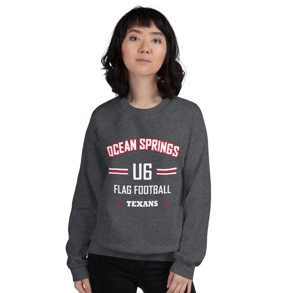 Ocean Springs Texans U6 Crewneck — Dark Heather — Printful supplier women/model women's 2 view; exact configured product and artwork; digital mockup.