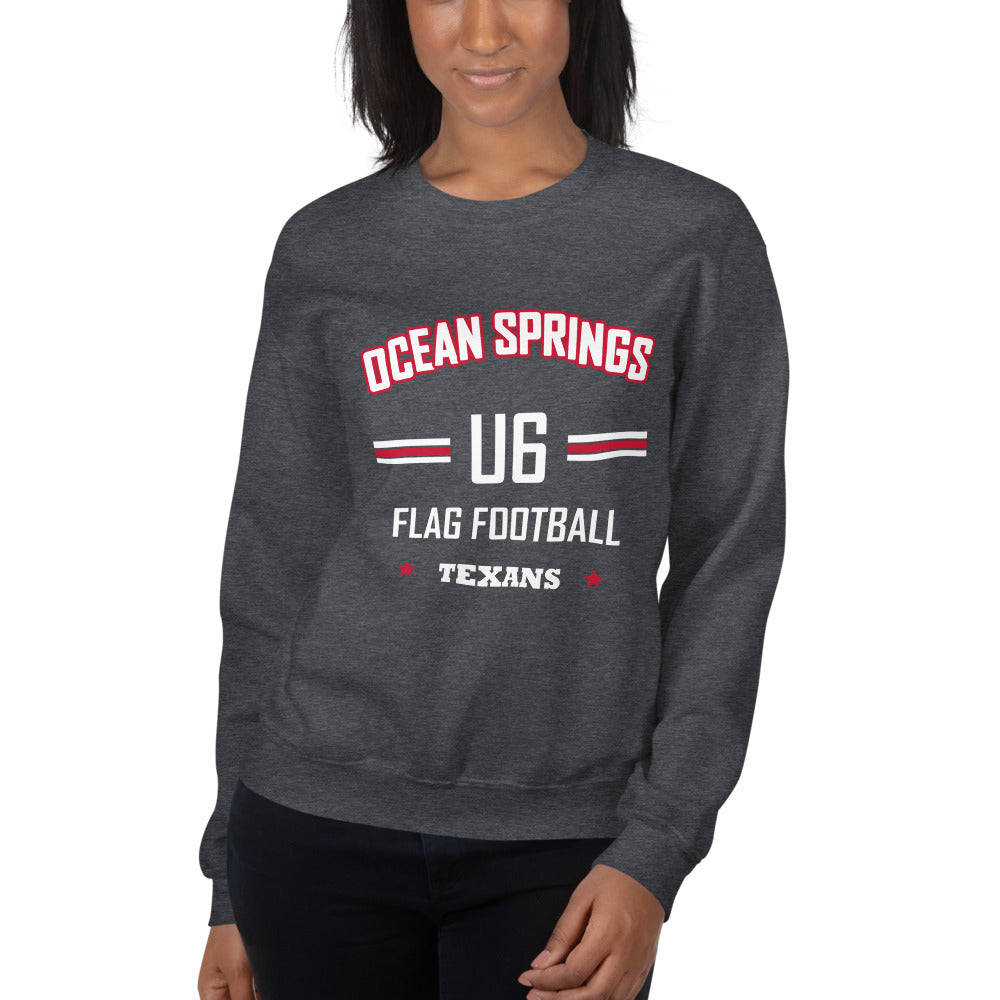 Ocean Springs Texans U6 Crewneck — Dark Heather — Printful supplier women/model women's 3 view; exact configured product and artwork; digital mockup.