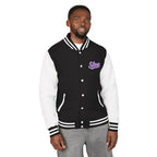 Man wearing the Lilac Script Varsity Jacket in Jet Black/Arctic White