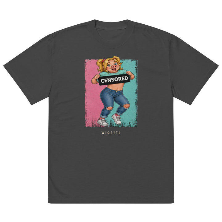 Wigette Censored Colorblock Oversized Tee — Faded Black — garment-only front view; exact Printful digital mockup, tee only.