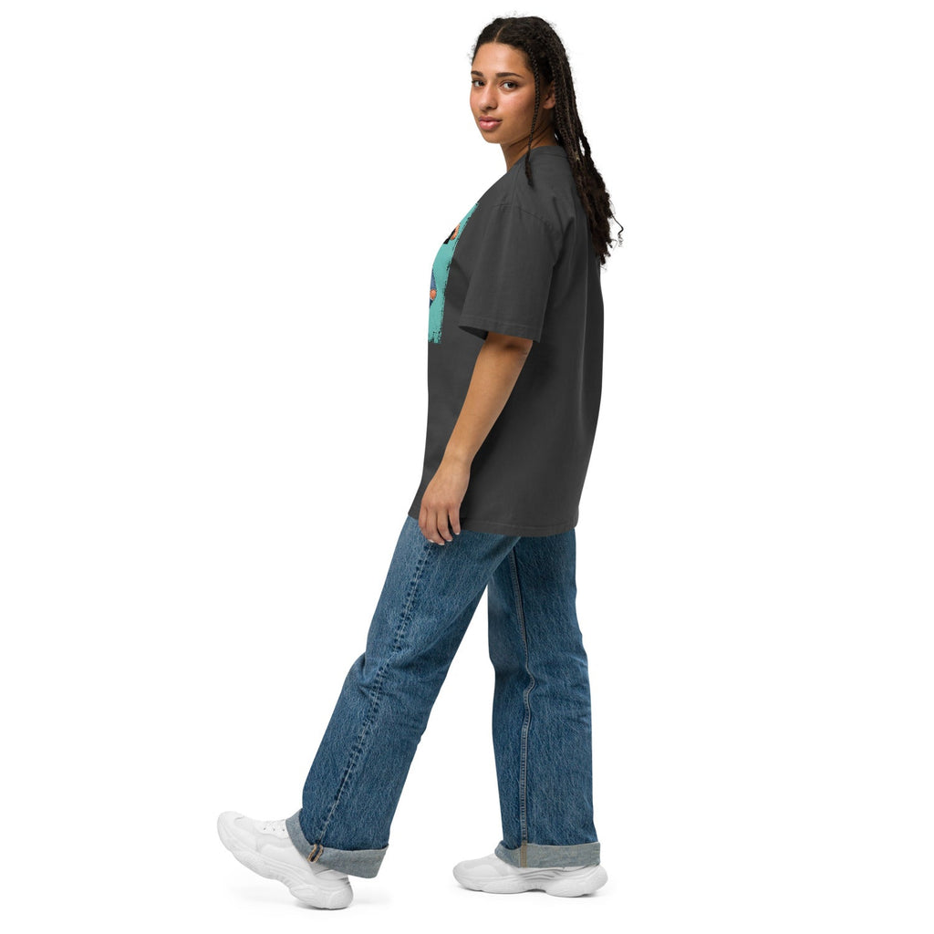 Wigette Censored Colorblock Oversized Tee — Faded Black — adult woman wearing the actual oversized tee left view; exact Printful digital mockup, tee only.