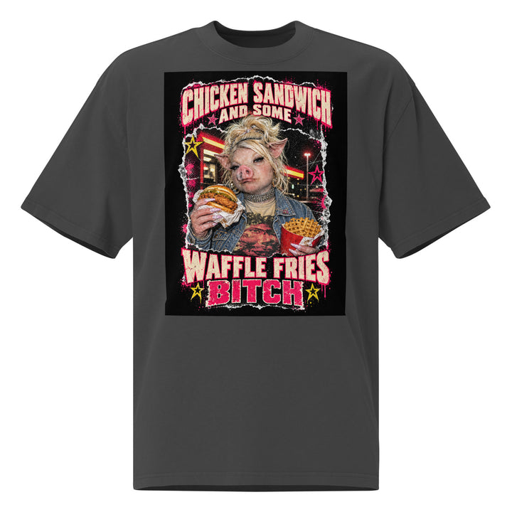 Wigette Chicken Sandwich Tee — Faded Black oversized tee — ghost front; Printful mockup