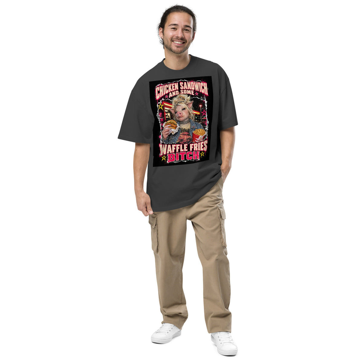 Wigette Chicken Sandwich Tee — Faded Black oversized tee — men's front; Printful mockup