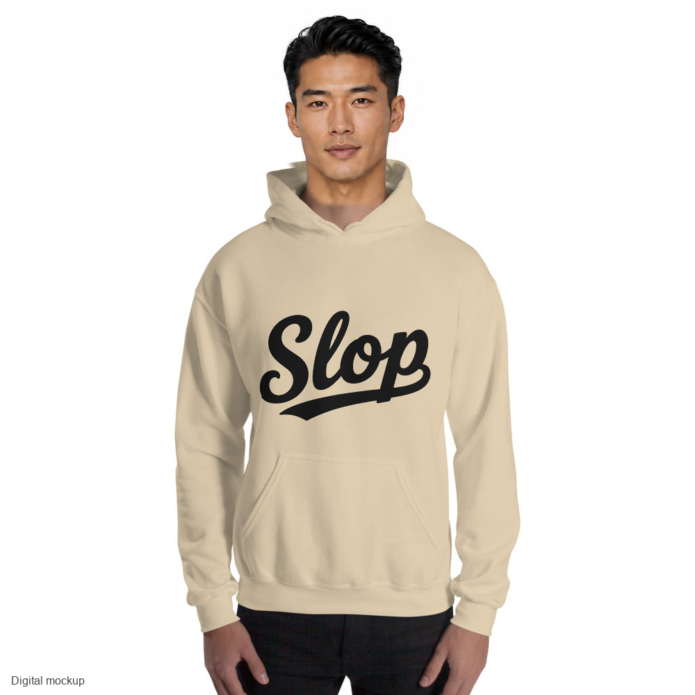 Wiglet Slop Script Hoodie in Sand with black Slop script, worn by a model