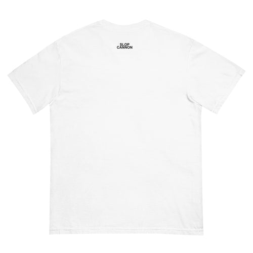 Corner Store Cannon Tee — Dusk in White — Printful digital back mockup showing small Slop Cannon print below the rear collar, with the rest of the back unprinted.