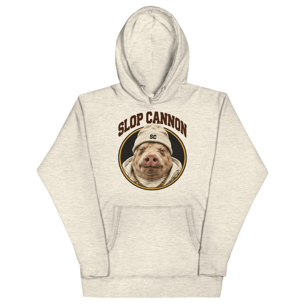 Slop Cannon Sleepy Pig Oval Hoodie — Oatmeal — full front with sleepy pig oval and SLOP CANNON lettering; Cotton Heritage M2580 pullover hoodie Oatmeal Heather; supplier digital mockup.
