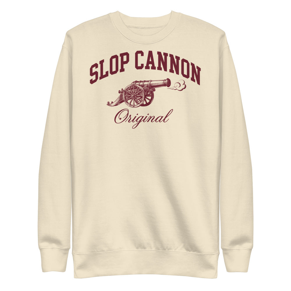 Slop Cannon Original Collegiate Crewneck — Oatmeal — full front with burgundy SLOP CANNON Original artwork; Cotton Heritage M2480 crewneck Bone; supplier digital mockup.
