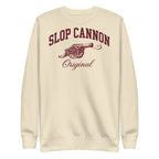 Slop Cannon Original Collegiate Crewneck — Oatmeal — full front with burgundy SLOP CANNON Original artwork; Cotton Heritage M2480 crewneck Bone; supplier digital mockup.