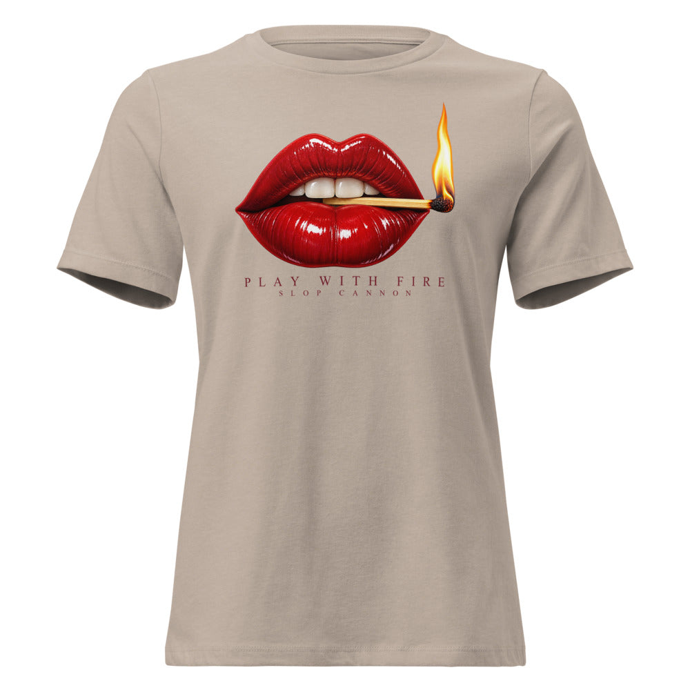 Play With Fire women's tee — Heather Stone — front view; supplier digital mockup.