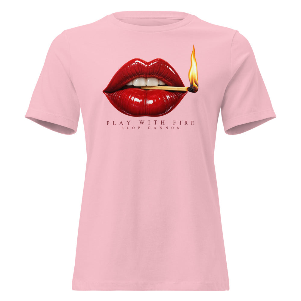 Play With Fire women's tee — Pink — front view; supplier digital mockup.
