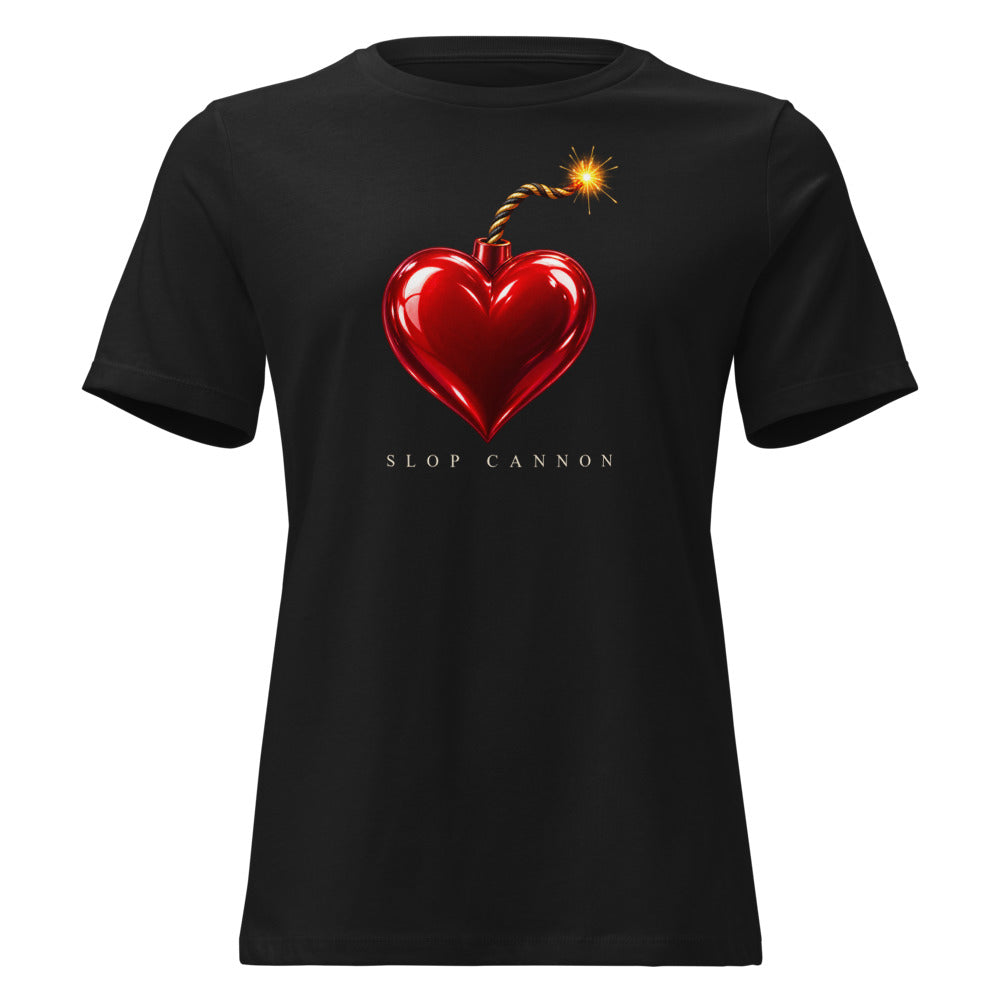 Slop Cannon Heart Fuse Women's Tee — Black — front view with the approved lettering scale; exact configured supplier digital mockup. One tee only. Actual print colors may vary slightly.