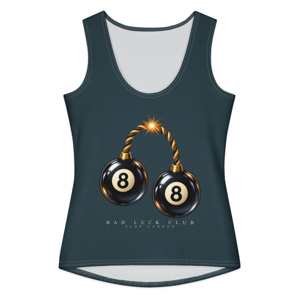 Slop Cannon Bad Luck Club Women's Tank — Midnight — front view with the approved lettering scale; exact configured supplier digital mockup. One tank top only. Actual print colors may vary slightly.