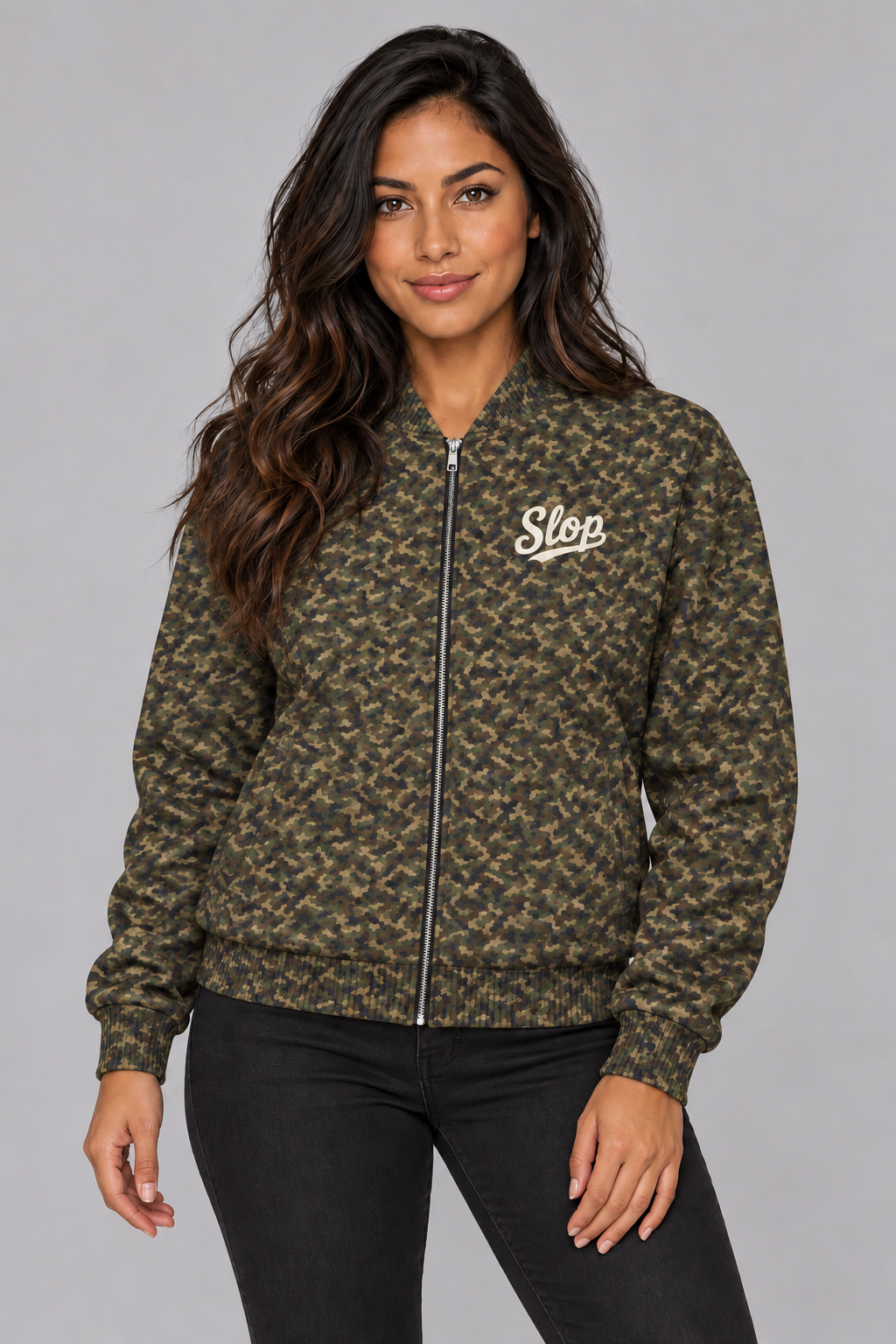 Woman wearing the Slop Script Bomber Jacket in Woodland Camo